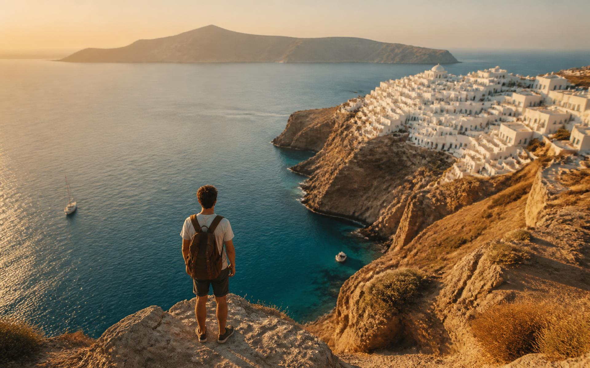 Ταξιδιώτης με σακίδιο κοιτάζει το Αιγαίο από βράχο στο ηλιοβασίλεμα